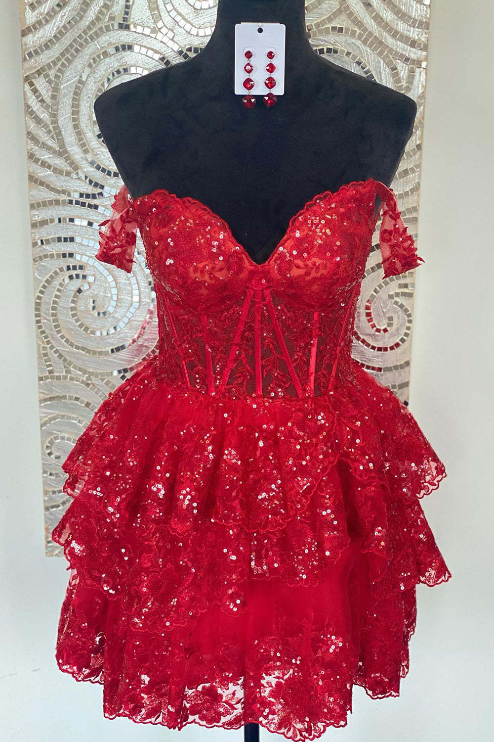 Gorgeous A Line Off The Shoulder Dark Red Corset Cocktail Dress With Tiered Lace