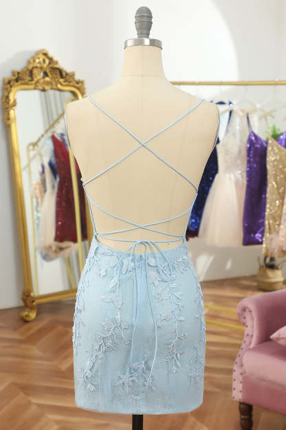 Light Blue Short Tight Cocktail Dress With Lace Beading