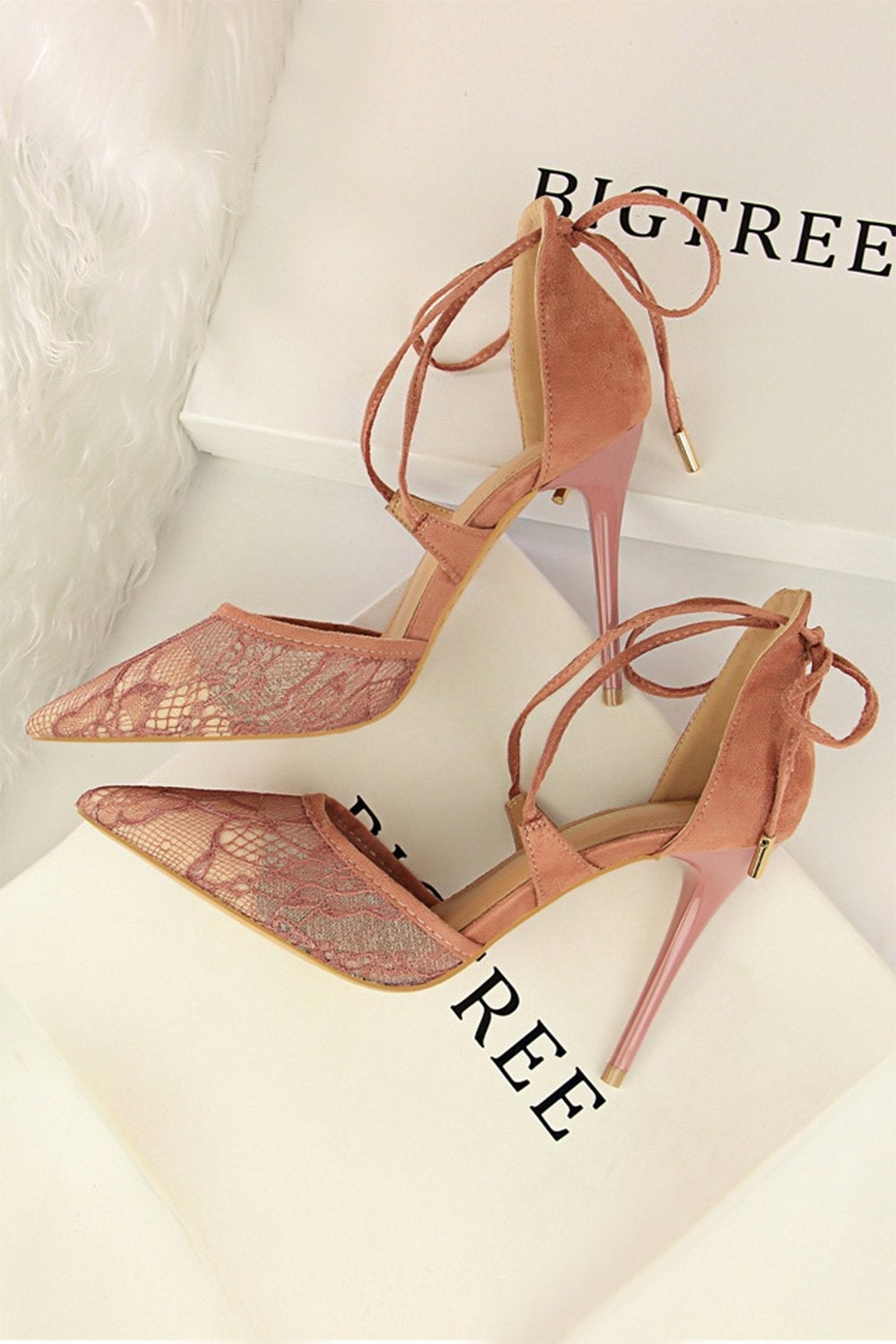 Pointed Toe Mesh Lace High Heels with Cross Straps