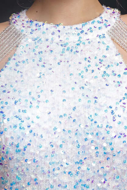 White Spaghetti Straps Sequins Sheath Short Cocktail Dress