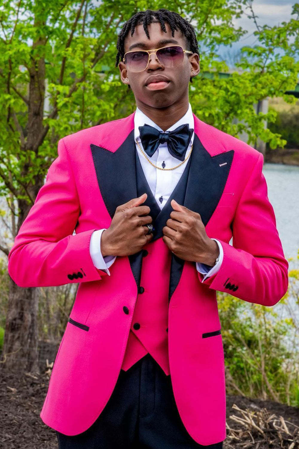 Men's Prom Suits with Hot Pink Peak Lapel in 3 Pieces