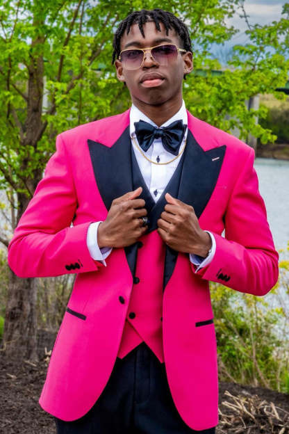 Men's Prom Suits with Hot Pink Peak Lapel in 3 Pieces