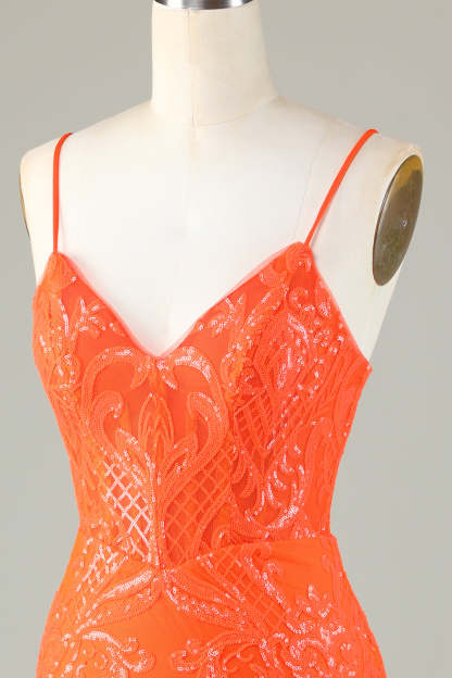 Sparkly Sheath Spaghetti Straps Orange Sequins Corset Cocktail Dress