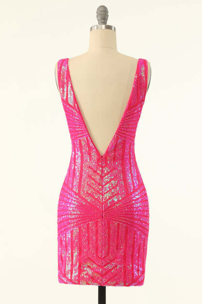 Sparkly Shetah V Neck Fuchsia Sequins Short Cocktail Dress With Open Back