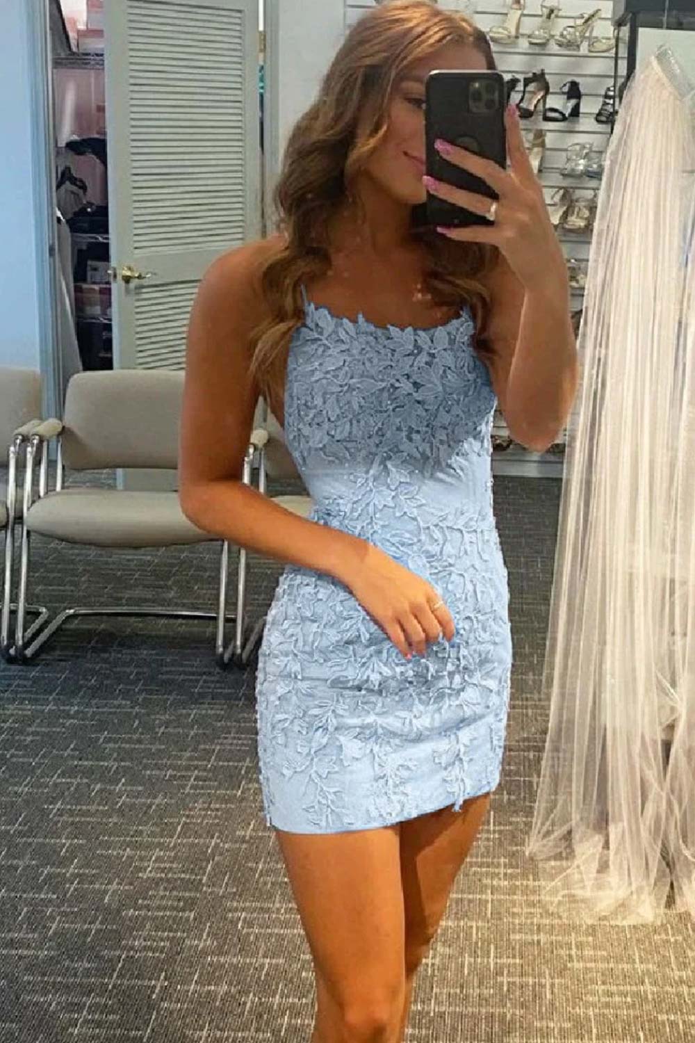 Sheath Spaghetti Straps Orange Short Cocktail Dress With Appliques