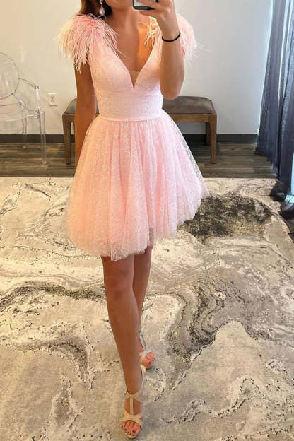 A Line Deep V Neck Light Pink Short Cocktail Dress With Feather