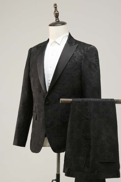 Black Jacquard 3-Piece Prom Suit with Peak Lapel for Men