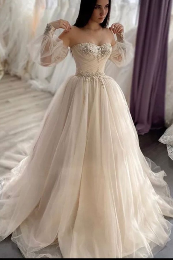 Sweetheart Romantic Lace Wedding Dress with Crystal Tulle A-Line and Long Sleeve Backless Appliques