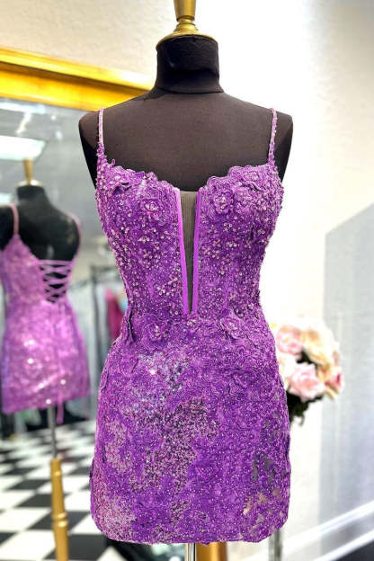 Sparkly Bodycon Spaghetti Straps Purple Corset Cocktail Dress With Appliques
