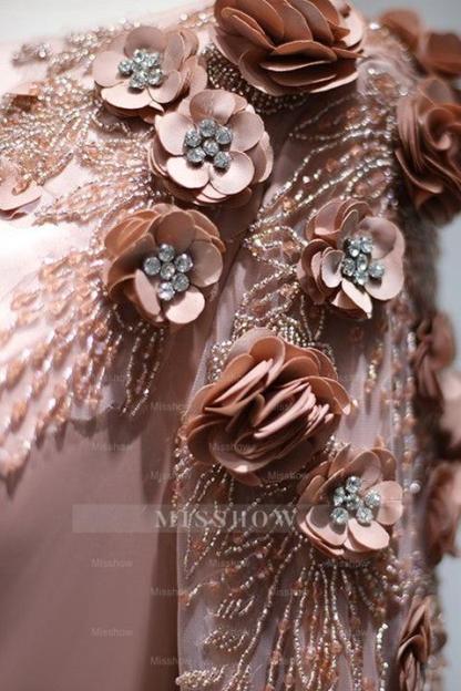 A Line Bateau Formal Dress Long Sleeves Sweep With Flower Appliques