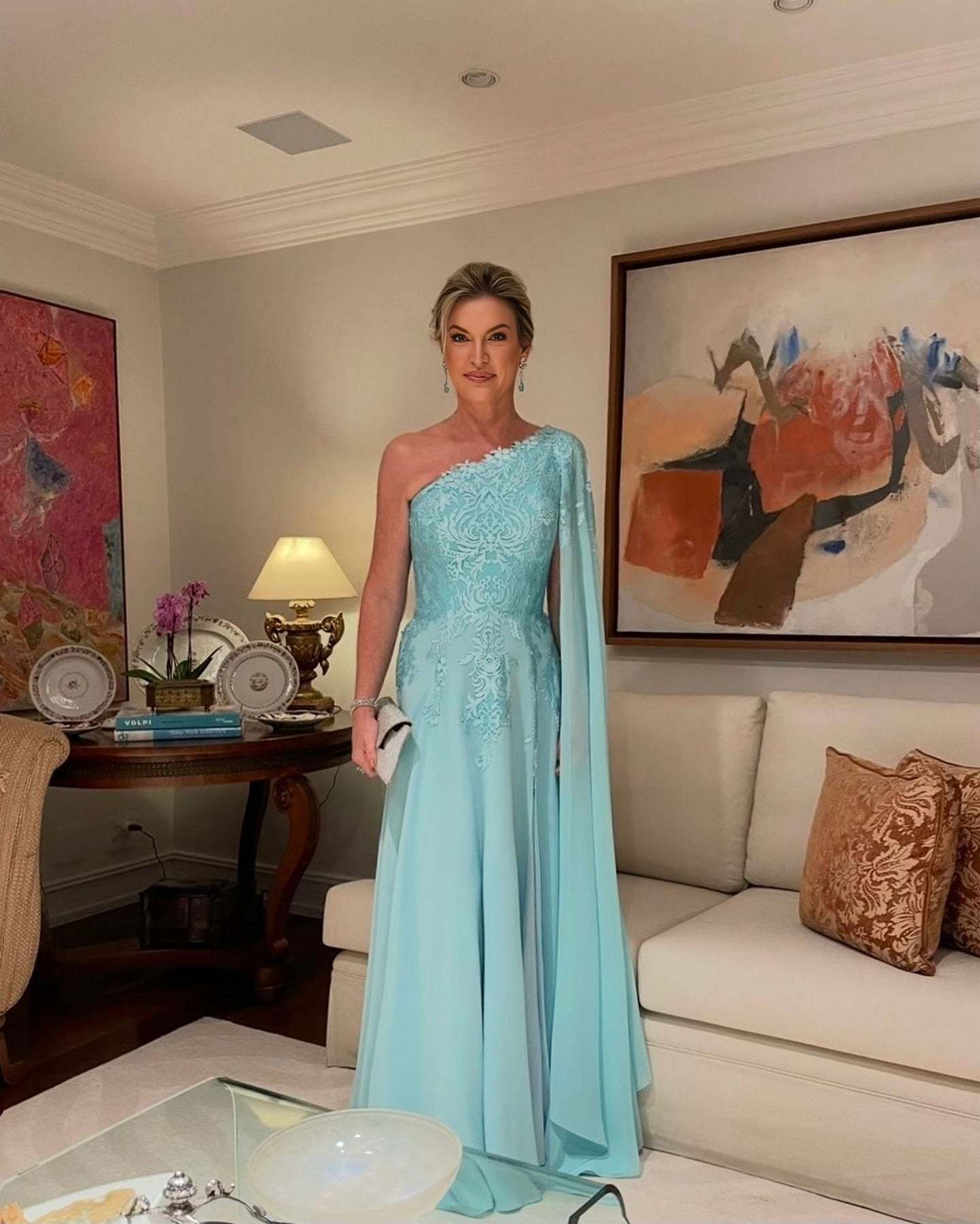 A-Line Chiffon Mother of The Bride Dress One-Shoulder Cap Sleeve Bridesmaid Dresses With Appliques