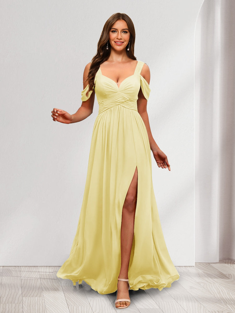A Line Cold Shoulder Split Side Ruched Floor Length Chiffon Bridesmaid Dresses
