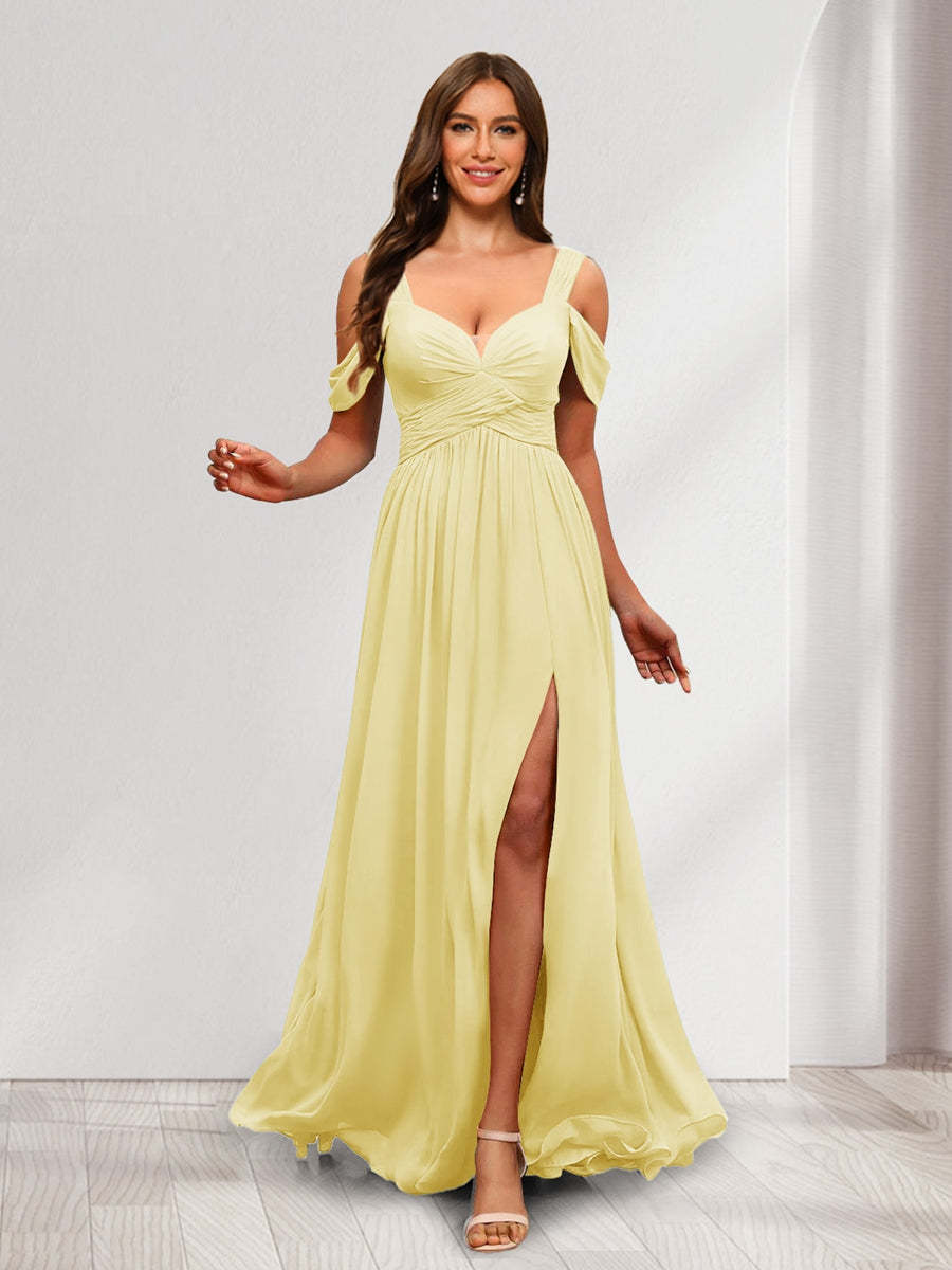 A Line Cold Shoulder Split Side Ruched Floor Length Chiffon Bridesmaid Dresses