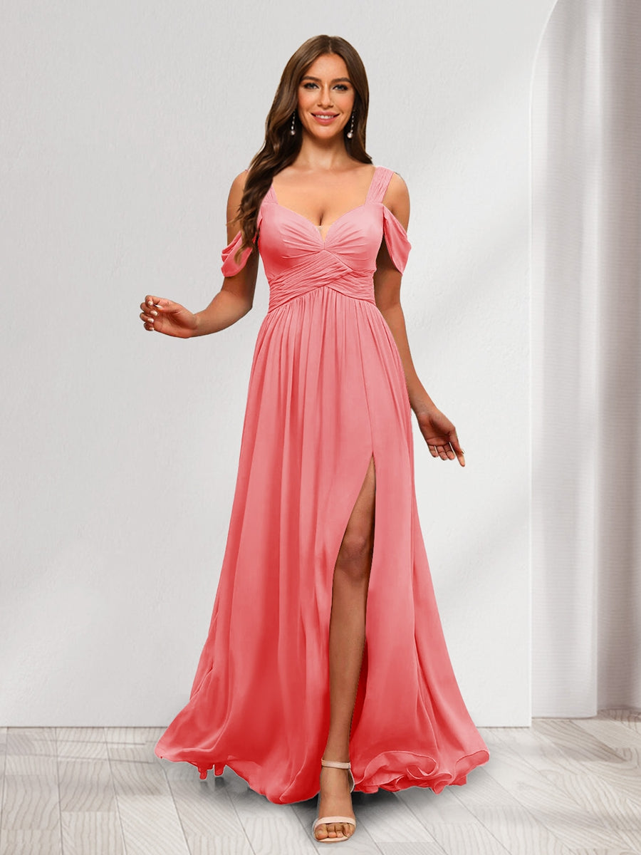 A Line Cold Shoulder Split Side Ruched Floor Length Chiffon Bridesmaid Dresses