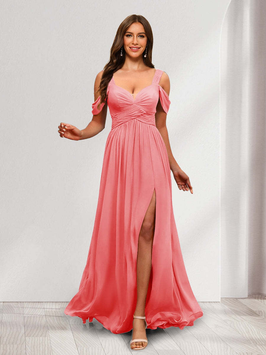 A Line Cold Shoulder Split Side Ruched Floor Length Chiffon Bridesmaid Dresses