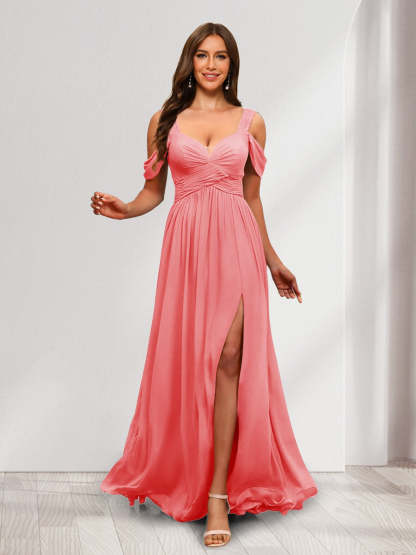A Line Cold Shoulder Split Side Ruched Floor Length Chiffon Bridesmaid Dresses