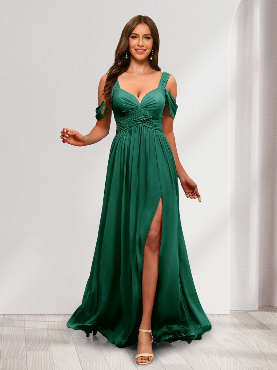 A Line Cold Shoulder Split Side Ruched Floor Length Chiffon Bridesmaid Dresses