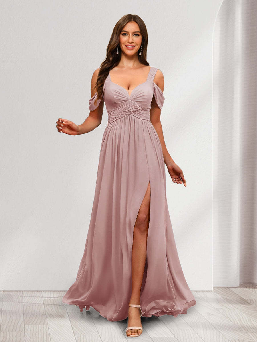 A Line Cold Shoulder Split Side Ruched Floor Length Chiffon Bridesmaid Dresses