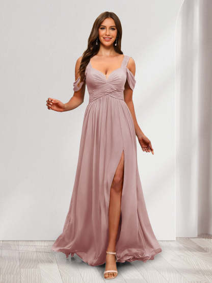 A Line Cold Shoulder Split Side Ruched Floor Length Chiffon Bridesmaid Dresses