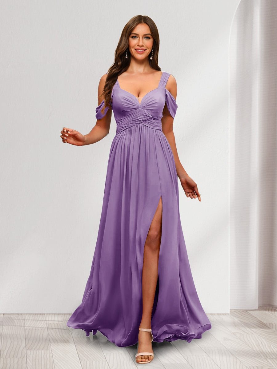 A Line Cold Shoulder Split Side Ruched Floor Length Chiffon Bridesmaid Dresses