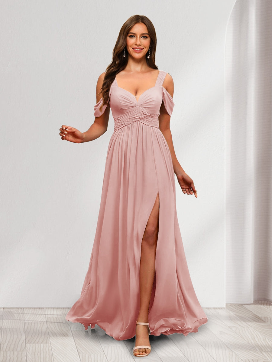 A Line Cold Shoulder Split Side Ruched Floor Length Chiffon Bridesmaid Dresses