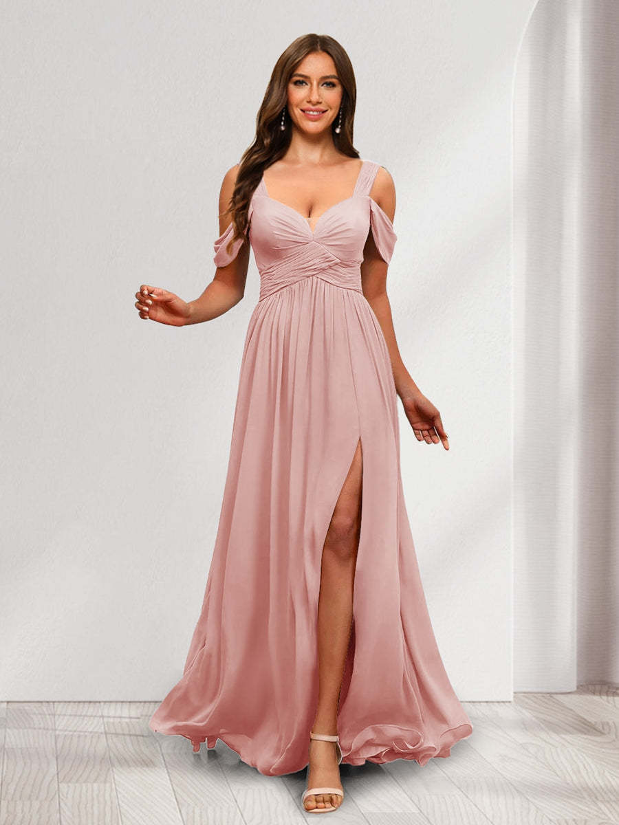 A Line Cold Shoulder Split Side Ruched Floor Length Chiffon Bridesmaid Dresses