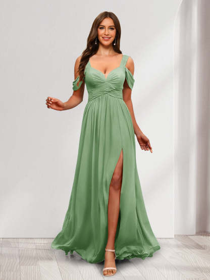 A Line Cold Shoulder Split Side Ruched Floor Length Chiffon Bridesmaid Dresses