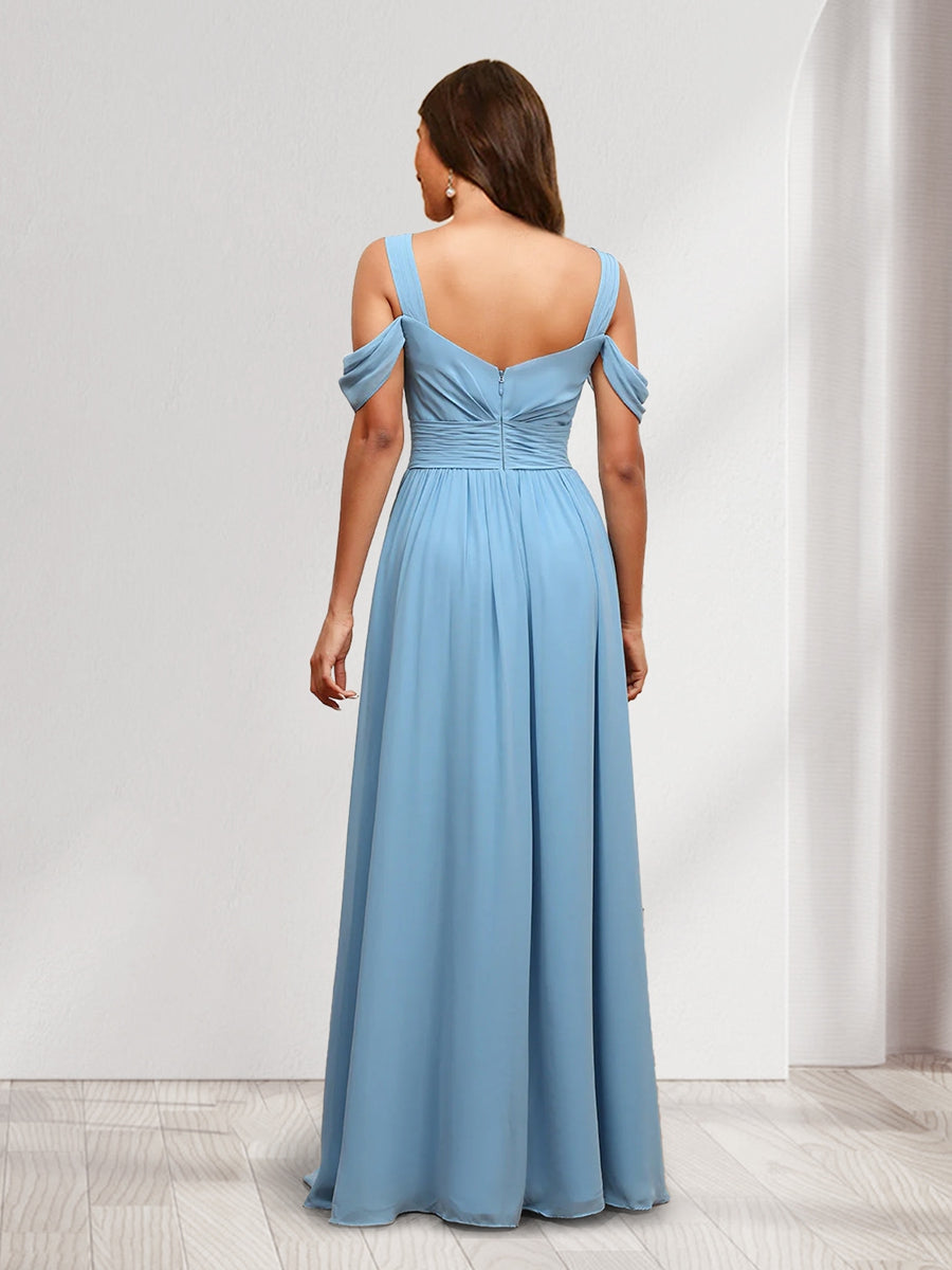 A Line Cold Shoulder Split Side Ruched Floor Length Chiffon Bridesmaid Dresses