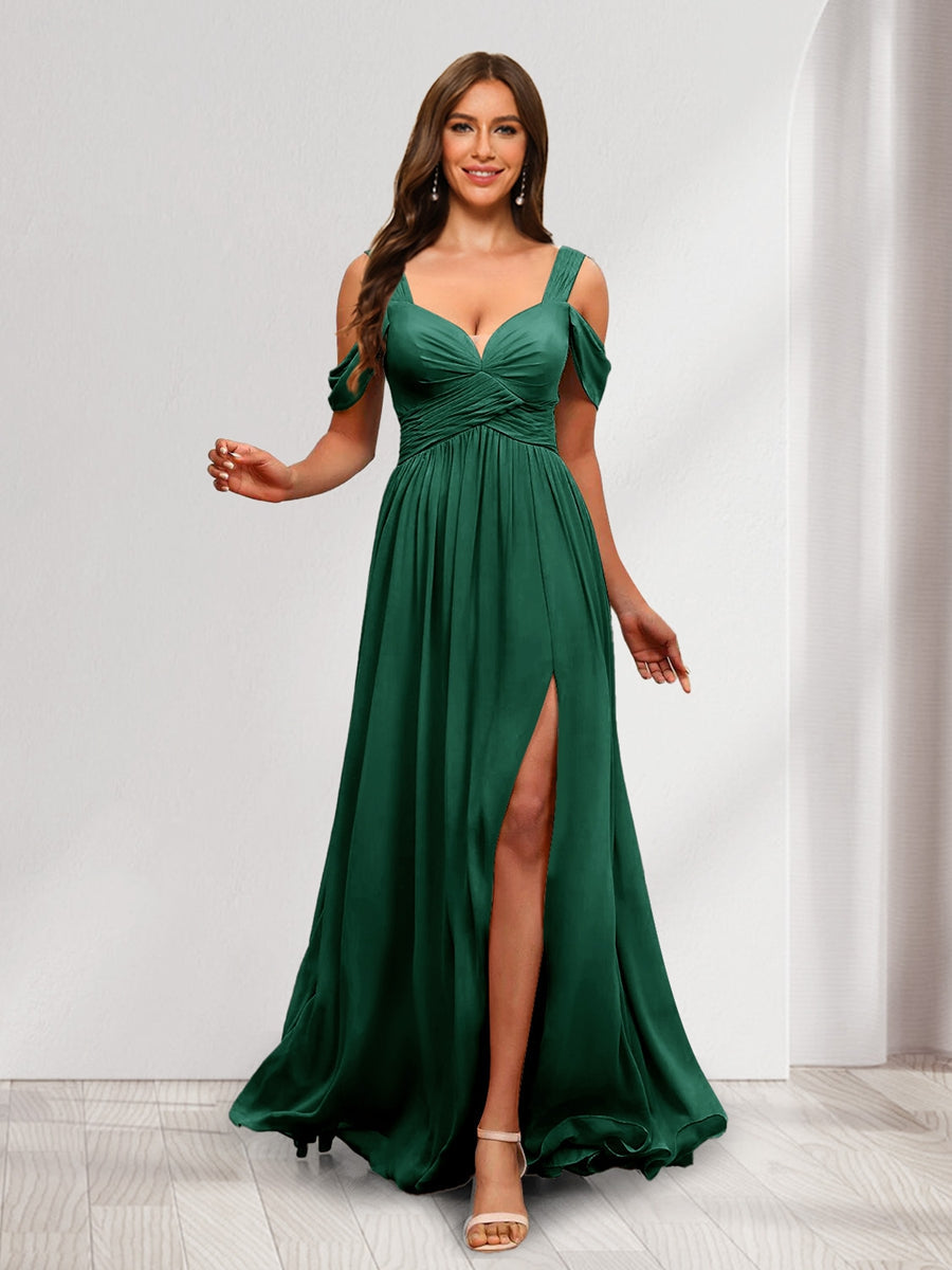 A Line Cold Shoulder Split Side Ruched Floor Length Chiffon Bridesmaid Dresses