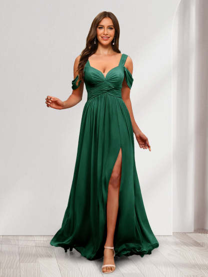 A Line Cold Shoulder Split Side Ruched Floor Length Chiffon Bridesmaid Dresses