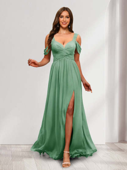 A Line Cold Shoulder Split Side Ruched Floor Length Chiffon Bridesmaid Dresses