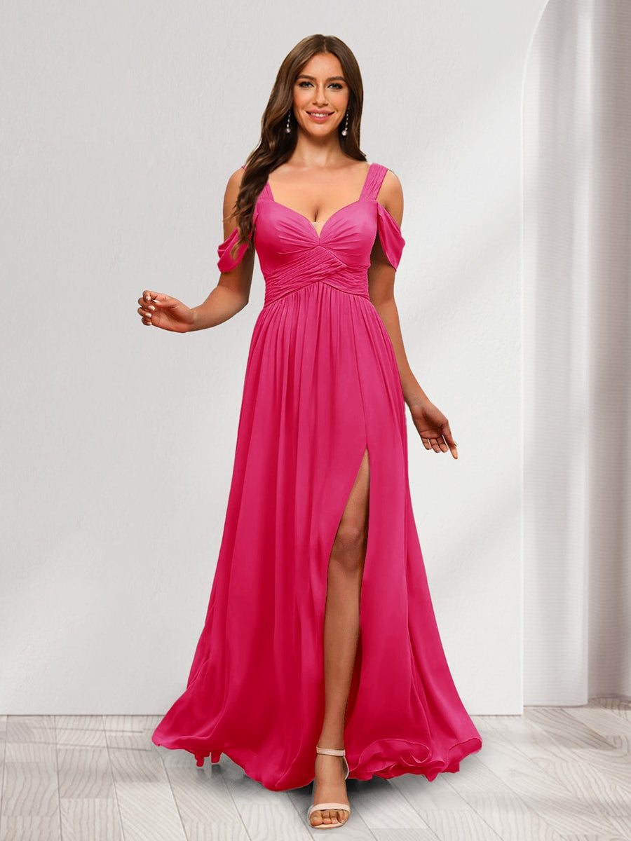 A Line Cold Shoulder Split Side Ruched Floor Length Chiffon Bridesmaid Dresses