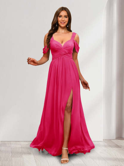 A Line Cold Shoulder Split Side Ruched Floor Length Chiffon Bridesmaid Dresses