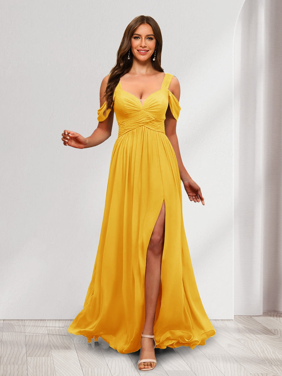 A Line Cold Shoulder Split Side Ruched Floor Length Chiffon Bridesmaid Dresses