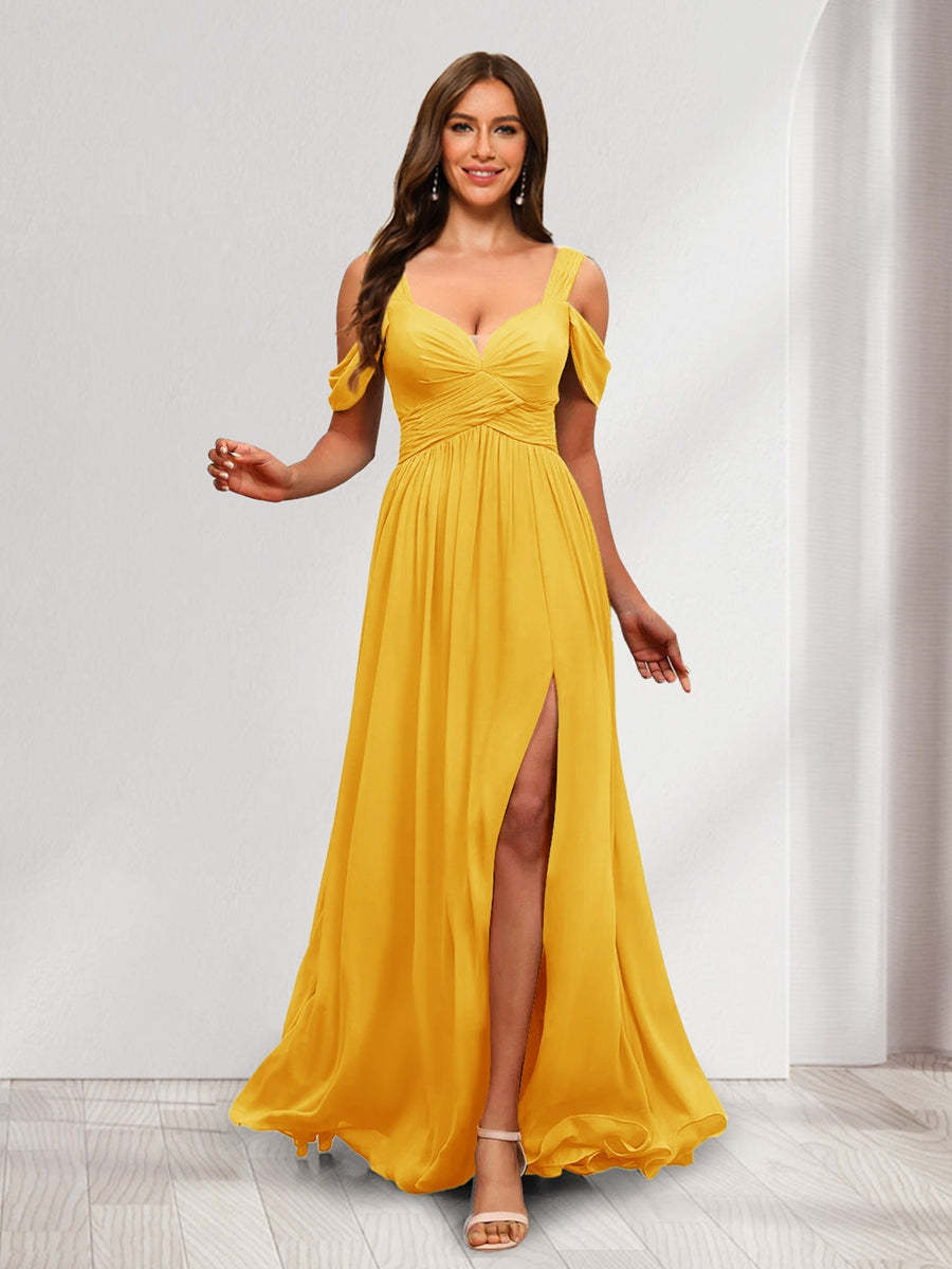 A Line Cold Shoulder Split Side Ruched Floor Length Chiffon Bridesmaid Dresses