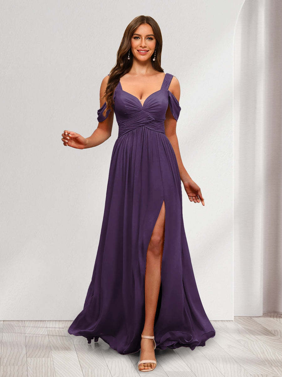 A Line Cold Shoulder Split Side Ruched Floor Length Chiffon Bridesmaid Dresses