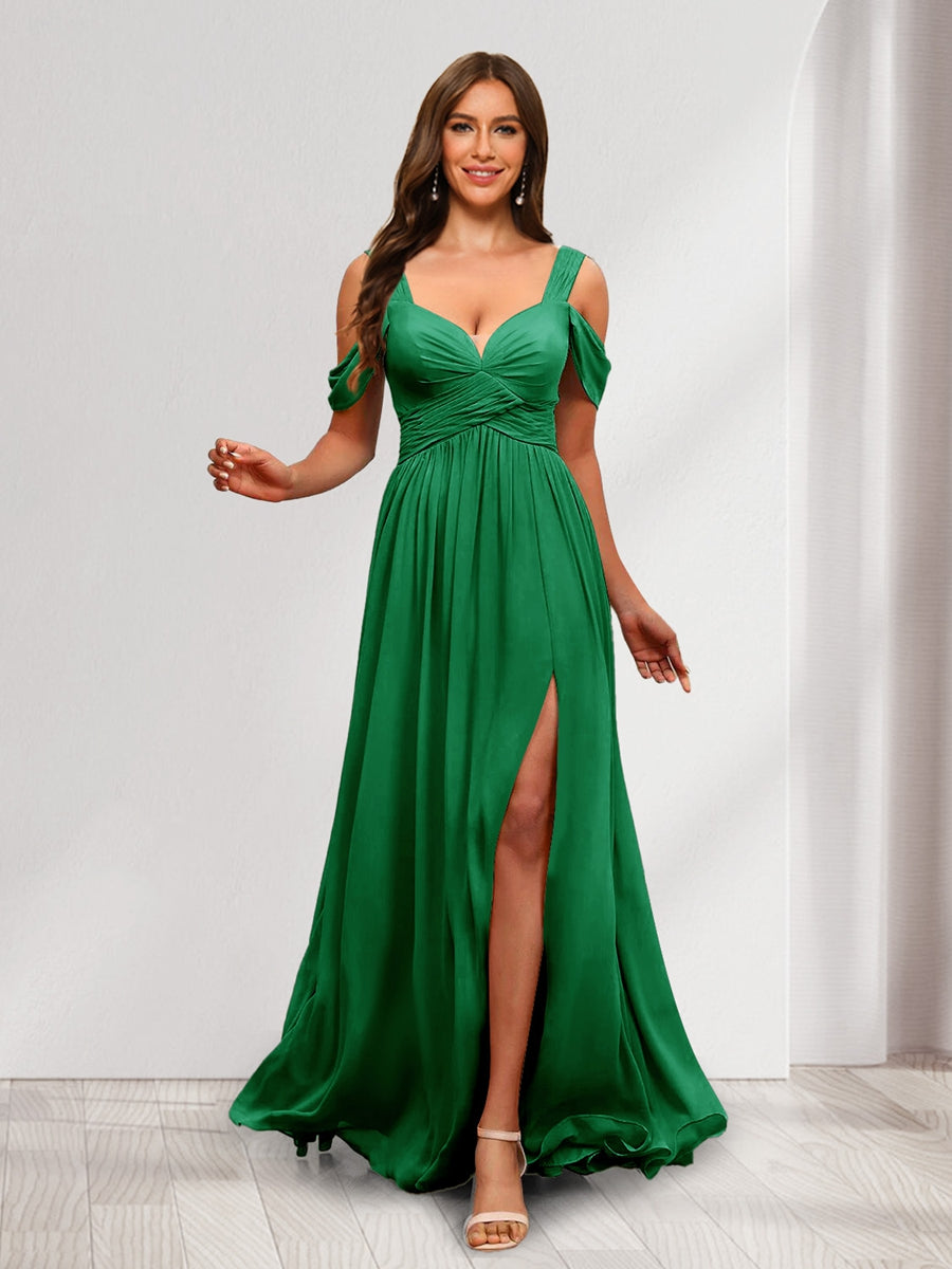 A Line Cold Shoulder Split Side Ruched Floor Length Chiffon Bridesmaid Dresses