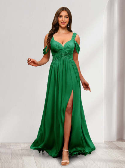 A Line Cold Shoulder Split Side Ruched Floor Length Chiffon Bridesmaid Dresses