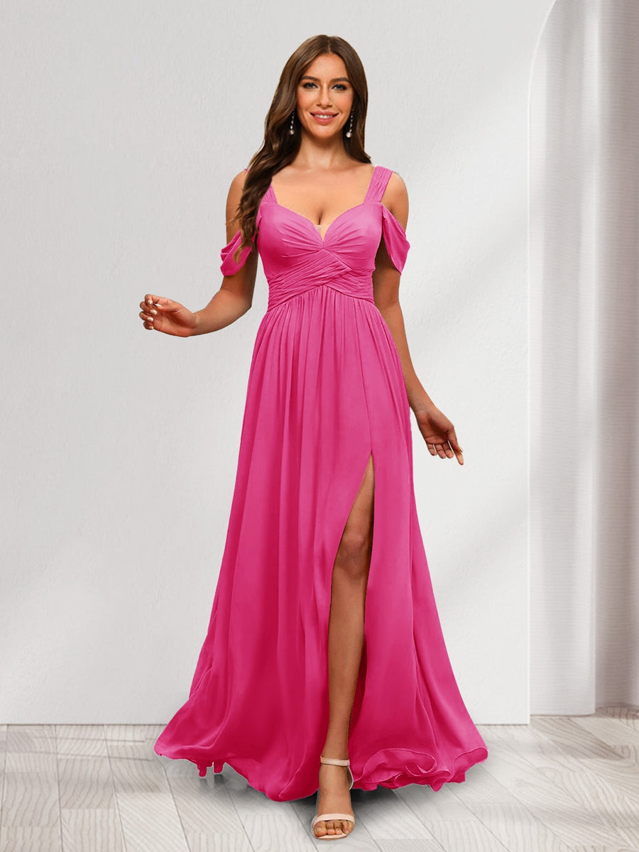 A Line Cold Shoulder Split Side Ruched Floor Length Chiffon Bridesmaid Dresses