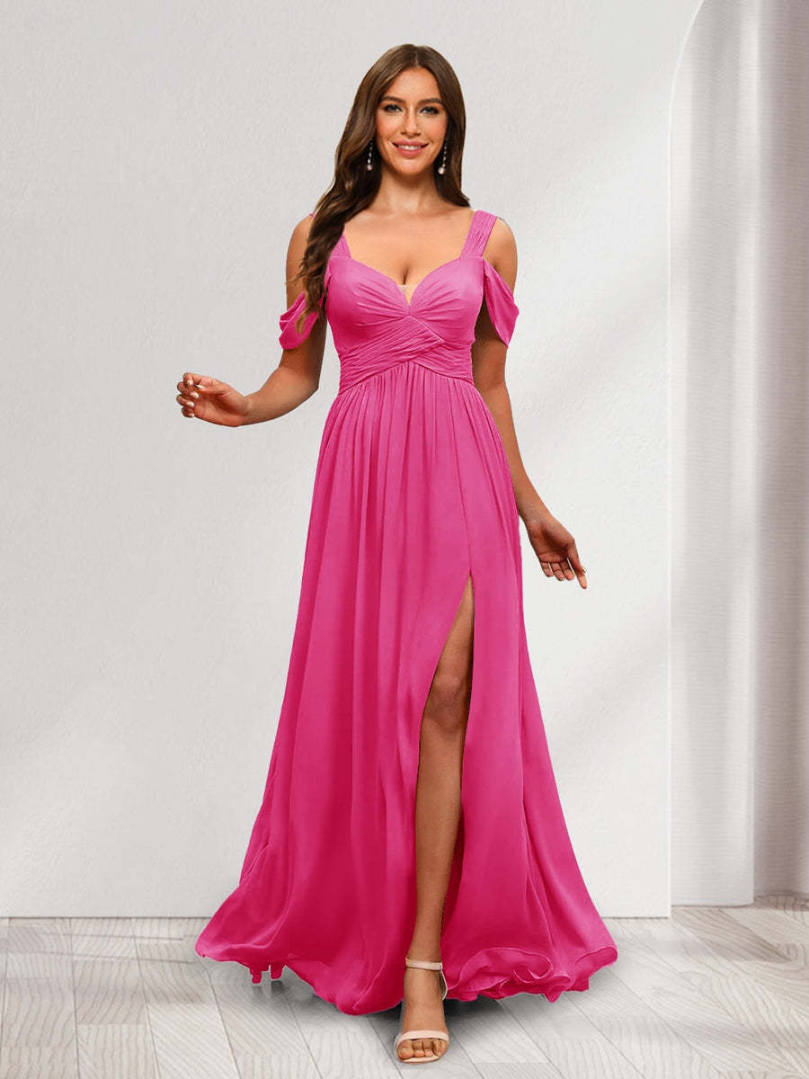 A Line Cold Shoulder Split Side Ruched Floor Length Chiffon Bridesmaid Dresses