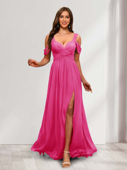 A Line Cold Shoulder Split Side Ruched Floor Length Chiffon Bridesmaid Dresses