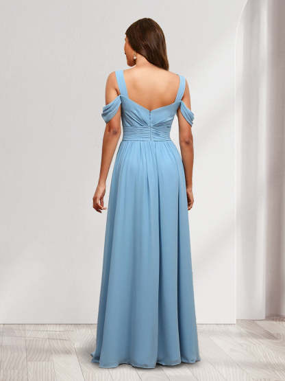 A Line Cold Shoulder Split Side Ruched Floor Length Chiffon Bridesmaid Dresses