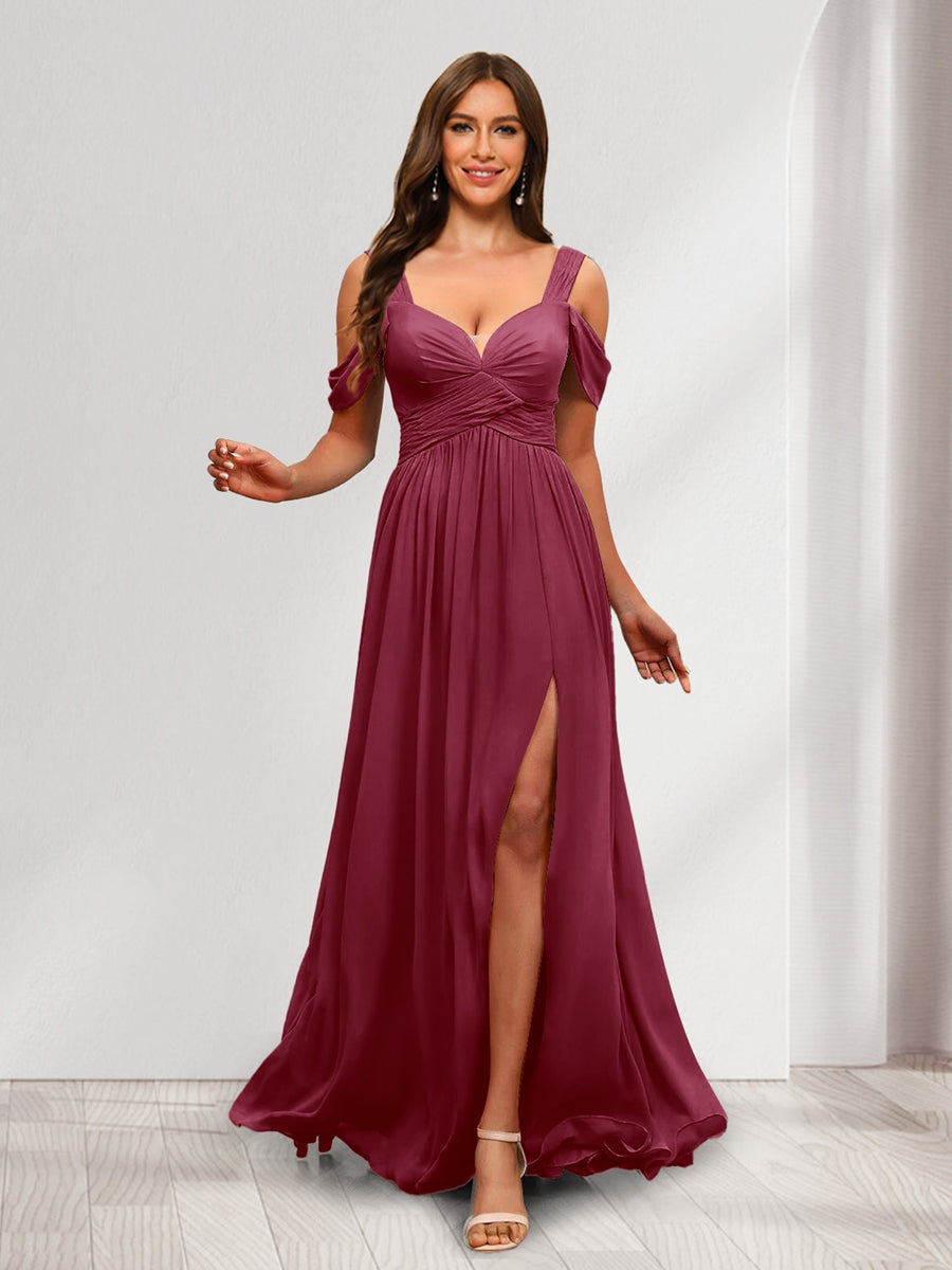 A Line Cold Shoulder Split Side Ruched Floor Length Chiffon Bridesmaid Dresses