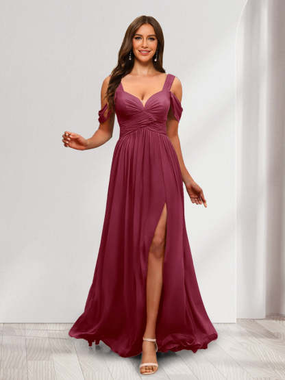 A Line Cold Shoulder Split Side Ruched Floor Length Chiffon Bridesmaid Dresses