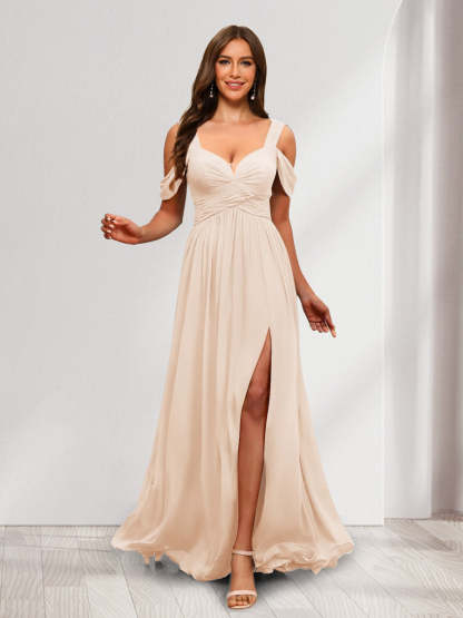 A Line Cold Shoulder Split Side Ruched Floor Length Chiffon Bridesmaid Dresses