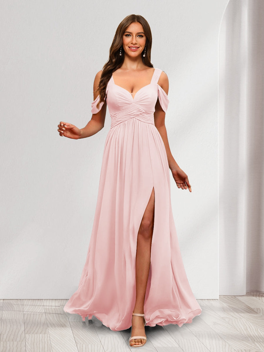 A Line Cold Shoulder Split Side Ruched Floor Length Chiffon Bridesmaid Dresses