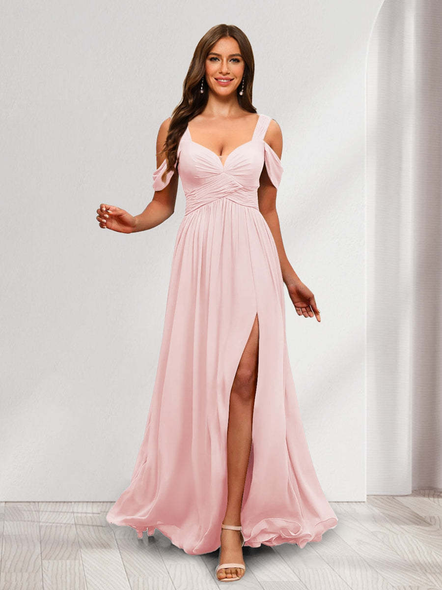 A Line Cold Shoulder Split Side Ruched Floor Length Chiffon Bridesmaid Dresses