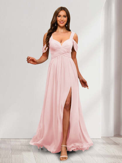 A Line Cold Shoulder Split Side Ruched Floor Length Chiffon Bridesmaid Dresses