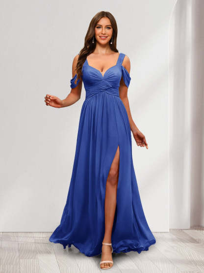 A Line Cold Shoulder Split Side Ruched Floor Length Chiffon Bridesmaid Dresses