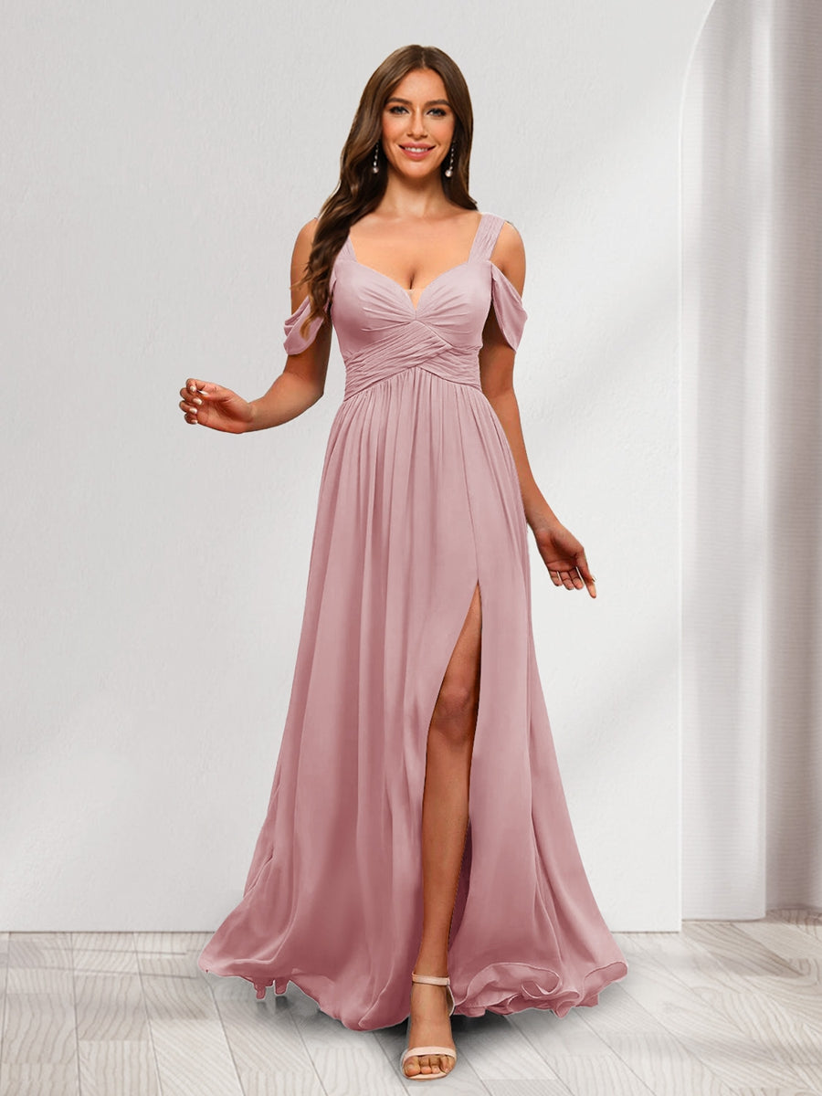 A Line Cold Shoulder Split Side Ruched Floor Length Chiffon Bridesmaid Dresses